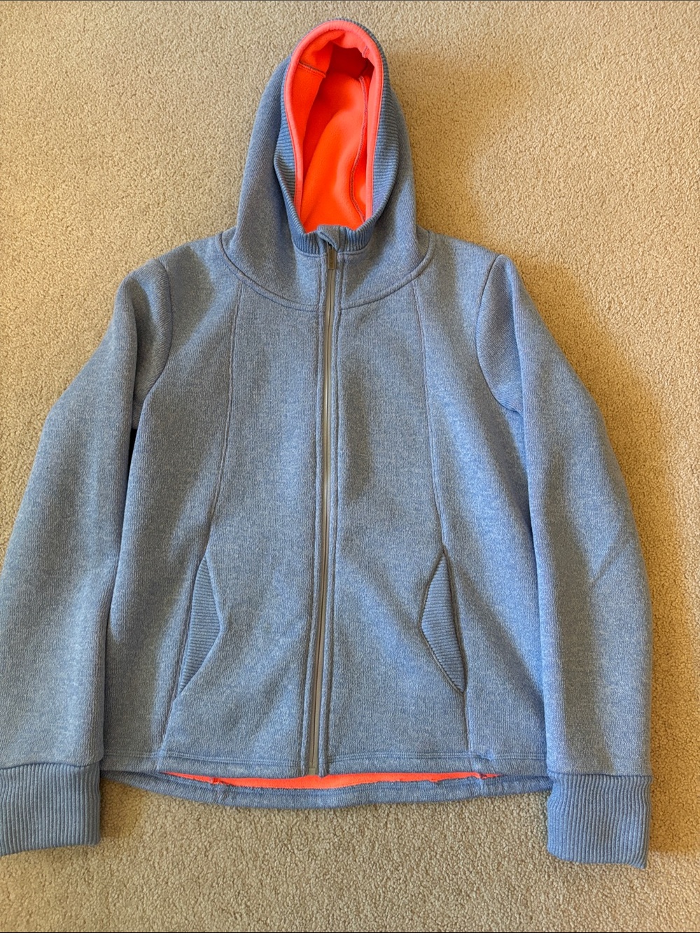 Women's Light Blue Zip-Up Hoodie with Neon Orange Fleece Lining